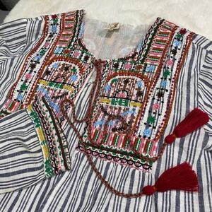 Raga Embroidered Open Front Striped Tassel Cardigan Top Boho‎ Indie Festival